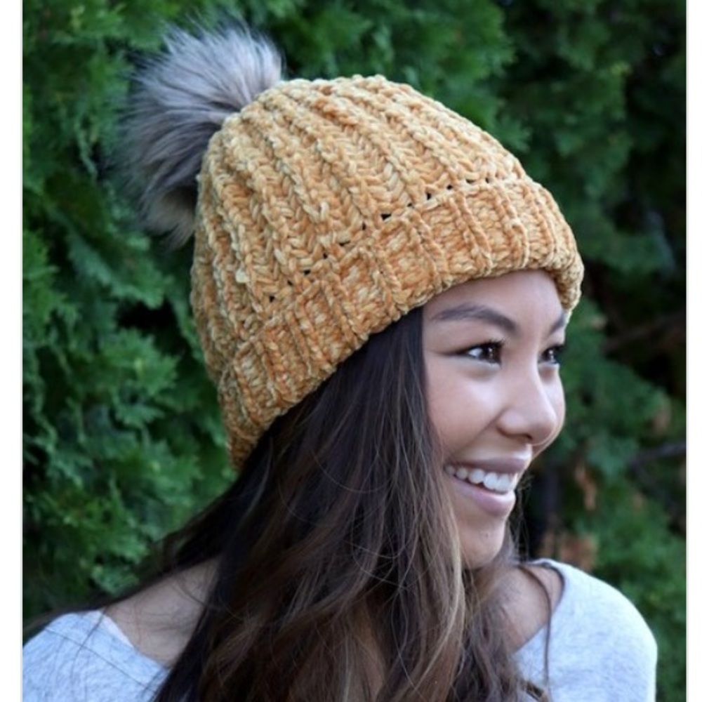 SOLD OUT Golden Mustard Chenille Knit Fur Pompom Beanie - Picture 2 of 4